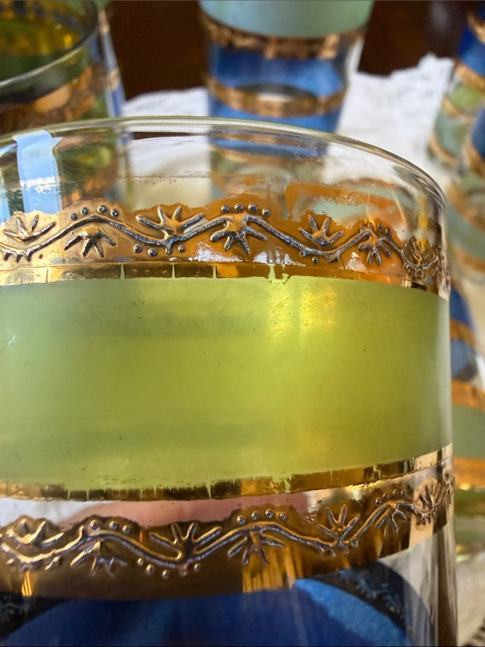Mid Century Culver Rondo Highball set of 7 glasses band of blue green 22k gold